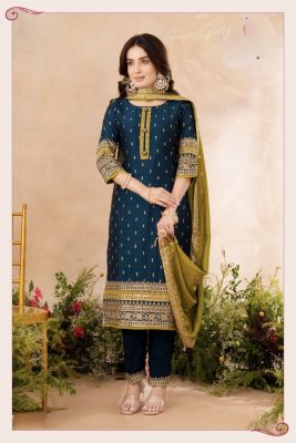 Elegant Deep navy-Teal staright cut silk suit adorned with delicate gold detailing and inticate embroidery borders. Paired with matching pants and a contrasting light olive dupatta , this timeless ensemble is perfect for festive gatherings and special occasions including weddings