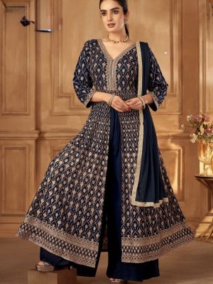 Elegant Navy Blue Anarkali Indo western gown suit with delicate thread embroidery . Paired with matching gerogette flowy palazzo pants and coordinated with matching dupatta, this timeless ensemble is perfect for weddings and festive occasions