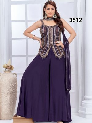 Deep Forest Green flowy Palazzo set featuring a heavily embroidered strappy short kurta top with scalloped tassel hem. Paired with wide leg flowy pants that almost look like skirt, made in faux crepe silk and matching choker dupatta